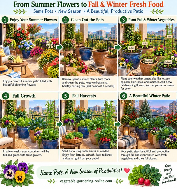 Six-step infographic showing how to convert summer flower containers into a fall and winter vegetable garden, from cleaning out spent flowers to planting lettuce, spinach, kale, peas, and radishes, through fall growth and harvest