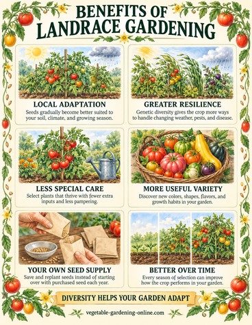 Chart showing six benefits of landrace gardening; local adaptation, greater resilience, less care, more useful variety, your own seed supply, better over time