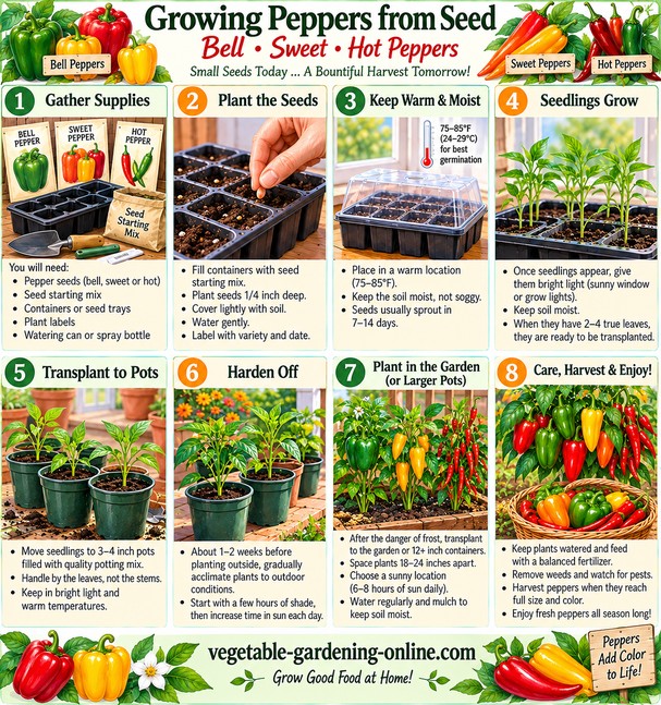 Eight-step infographic for growing peppers from seed, covering gathering supplies, planting seeds, keeping warm and moist, seedling growth, transplanting to pots, hardening off, planting in the garden, and harvesting bell, sweet, and hot peppers