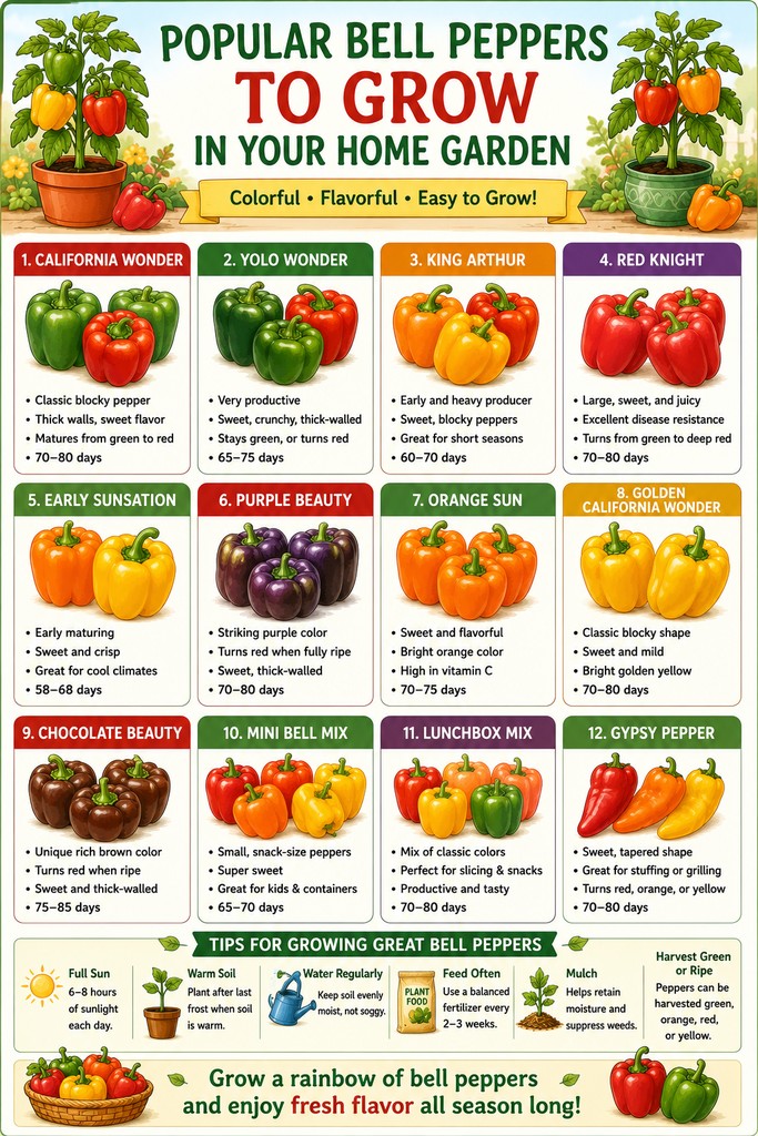 chart of popular bell pepper varieties to grow in home gardens