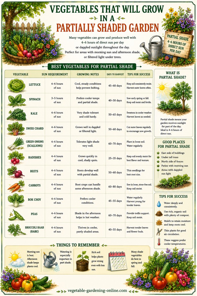 chart of vegetables that will tolerate partial shade