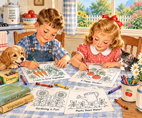 children sitting at the kitchen table coloring vegetable garden coloring pages