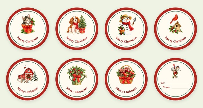 Eight round watercolor Christmas gift stickers with a red border: a tabby kitten in a pot with a red bow, a puppy in a red scarf, a gardener snowman, a cardinal on a birdhouse, a red barn in the snow, a Christmas watering can, and a gift basket of jam, each saying Merry Christmas, plus a To and From gift tag with a snowy mailbox