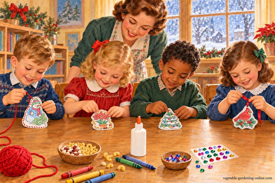 Children at a classroom table decorating free printable Christmas ornaments of a snowman, amaryllis, Christmas tree, and cardinal with yarn, beans, noodles, and jewels while their teacher watches