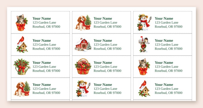 Free printable Christmas return address labels with a kitten in a flower pot, a puppy in a red scarf, a gardener snowman, a cardinal, a red barn in the snow, and a snowy mailbox