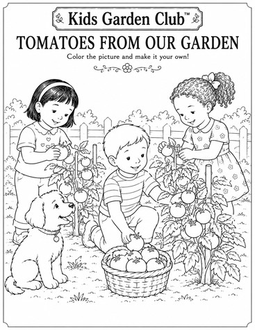 First and second grade vegetable gardening coloring book page; three children and their puppy working in the garden.