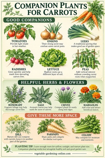 Companion planting chart showing good and bad plant pairings for carrots