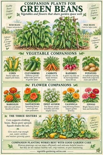 Infographic showing vegetable and flower companion plants for green beans