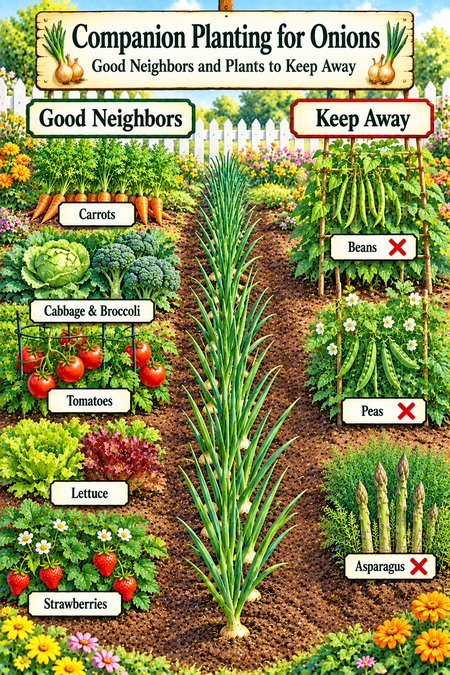 Companion planting for onions chart: carrots, cabbage, broccoli, tomatoes, lettuce and strawberries are good neighbors; keep beans, peas and asparagus away from onions