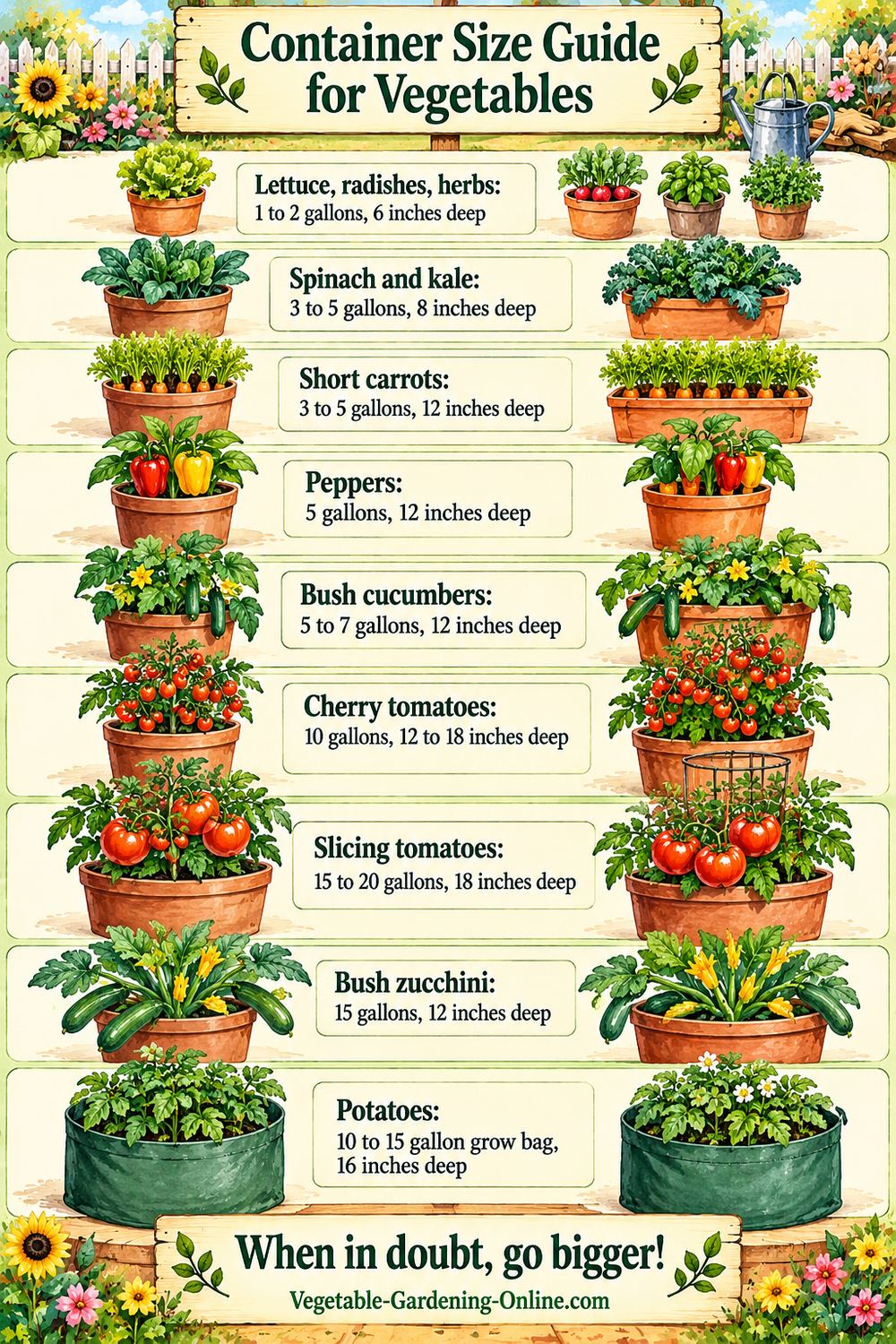 Container size guide for vegetables: pot size and depth for lettuce, herbs, carrots, peppers, cucumbers, tomatoes, zucchini, and potatoes