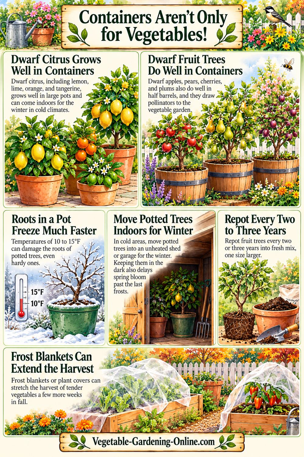 Containers aren't only for vegetables: dwarf citrus and fruit trees in pots, protecting roots from freezing, storing potted trees for winter, repotting, and frost blankets
