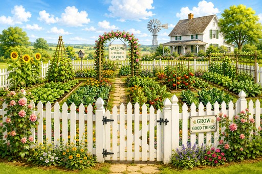 white picket fence around vegetable garden