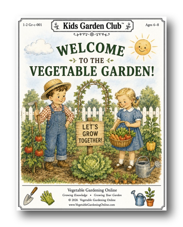 Grades 1-2 vegetable garden coloring book cover with two children in a garden holding a sign that reads Let's Grow Together