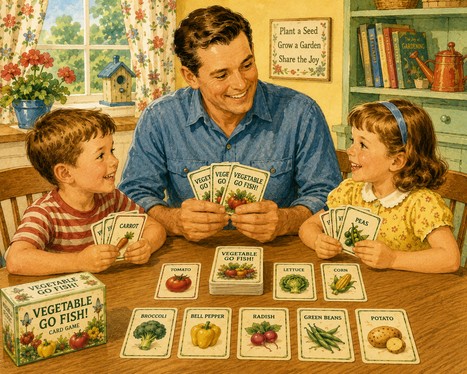 Father and children playing the vegetable Go Fish card game as a family