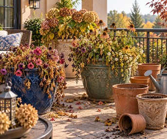 Six-step infographic showing how to convert summer flower containers into a fall and winter vegetable garden, from cleaning out spent flowers to planting lettuce, spinach, kale, peas, and radishes, through fall growth and harvest