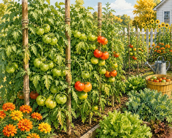 green tomatoes in the fall garden ready to be brought indoors for ripening