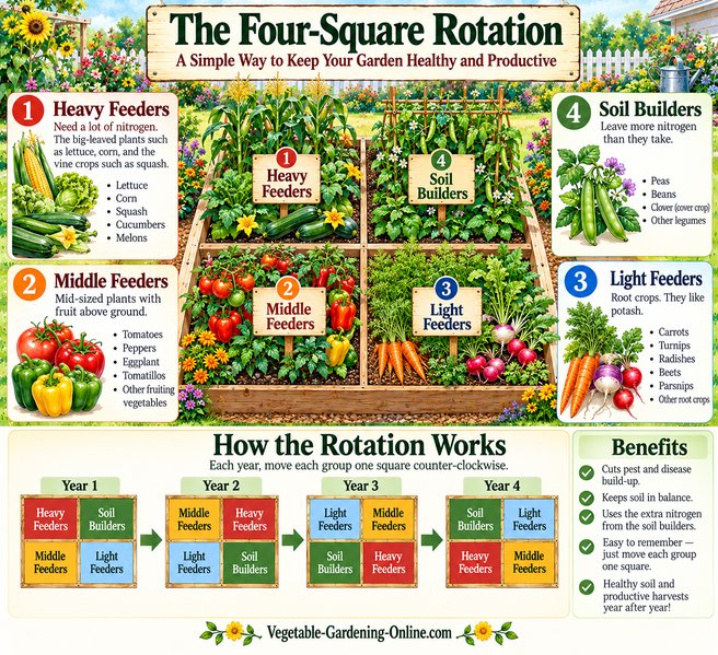 Four-square vegetable garden rotation chart: heavy feeders, middle feeders, light feeders, and soil builders, each moving one square every year for four years