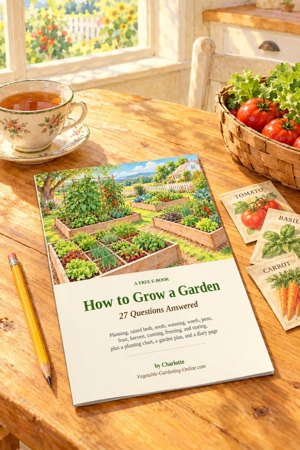 Free How to Grow a Garden ebook on a sunny farmhouse kitchen table with a cup of tea, a pencil, seed packets, and a basket of tomatoes and lettuce Free How to Grow a Garden ebook on a sunny farmhouse kitchen table with a cup of tea, a pencil, seed packets, and a basket of tomatoes and lettuce