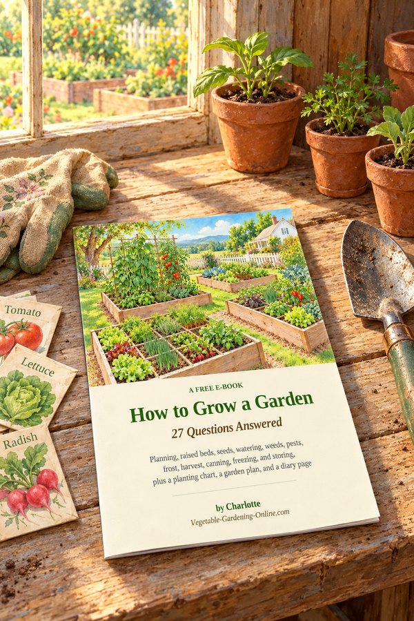 Free how to grow a garden ebook lying on a rustic potting bench with garden gloves, a trowel, seed packets, and seedlings in clay pots Free how to grow a garden ebook lying on a rustic potting bench with garden gloves, a trowel, seed packets, and seedlings in clay pots