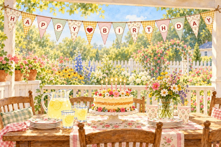 Free printable banner letters spelling Happy Birthday with a heart, on pennants in birthday, gingham, striped, and dotted papers, hanging over a garden porch party table with a flower-topped cake and lemonade