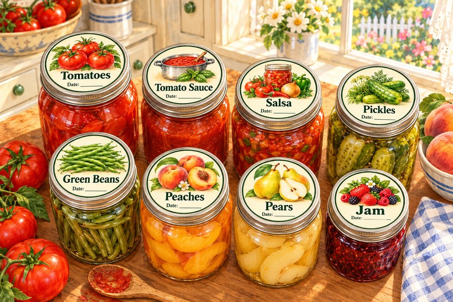 Free printable canning jar labels: eight watercolor jars on a sunny kitchen table with round lid labels for tomatoes, tomato sauce, salsa, pickles, green beans, peaches, pears, and jam, each with a date line