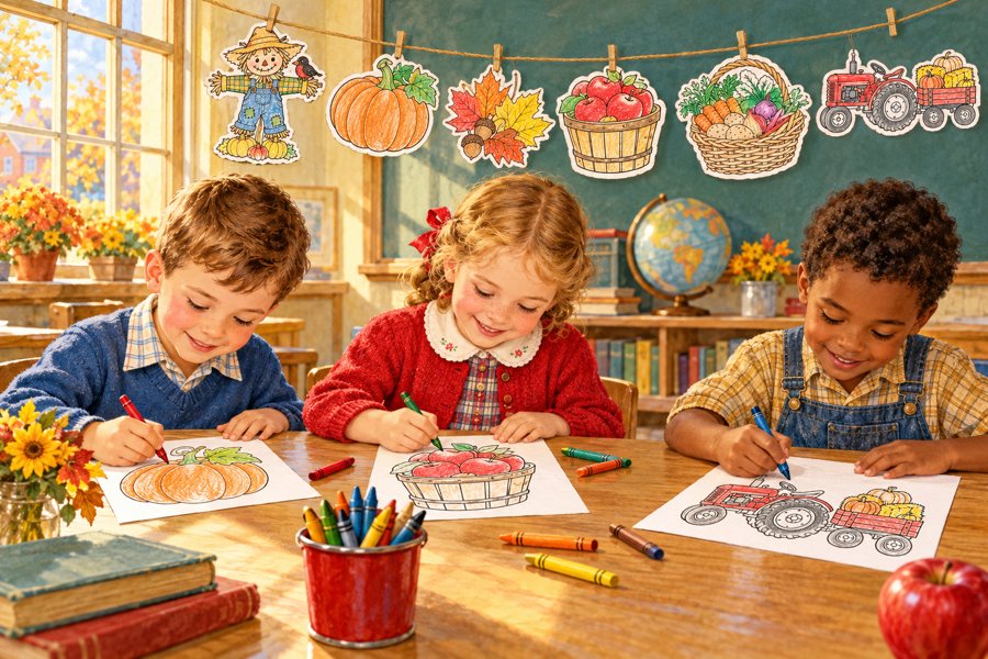 Three children coloring free printable fall garland pieces of a pumpkin, an apple basket, and a red tractor with crayons, under a hand-colored fall garland of a scarecrow, pumpkin, fall leaves, apples, harvest basket, and tractor in a classroom