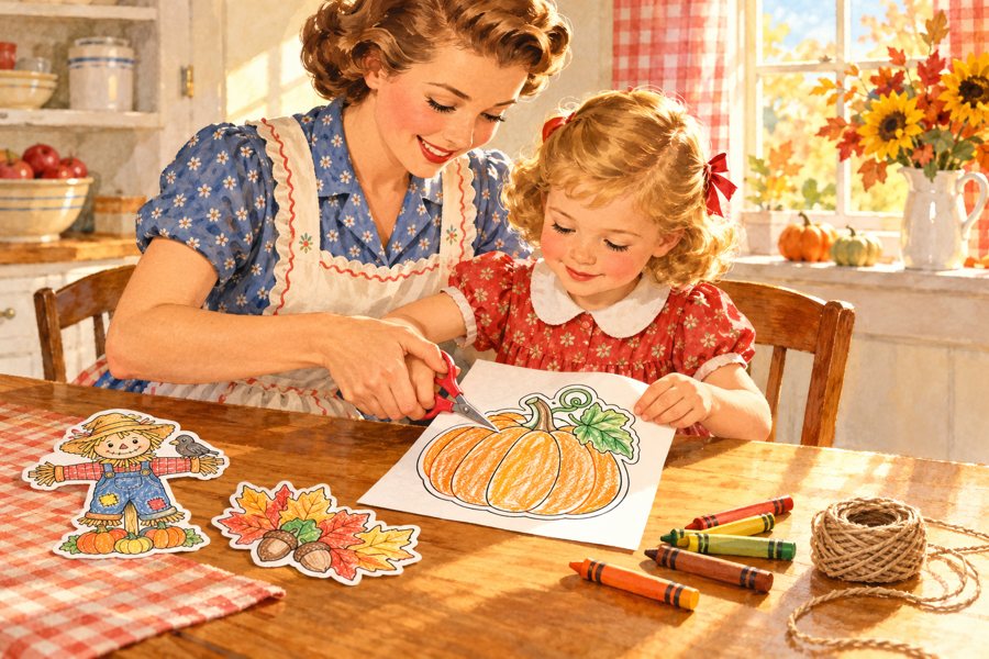A mother in a flowered apron helping her little girl cut out a hand-colored pumpkin from the free printable fall garland, with a colored scarecrow, fall leaves, crayons, and a ball of twine on the kitchen table