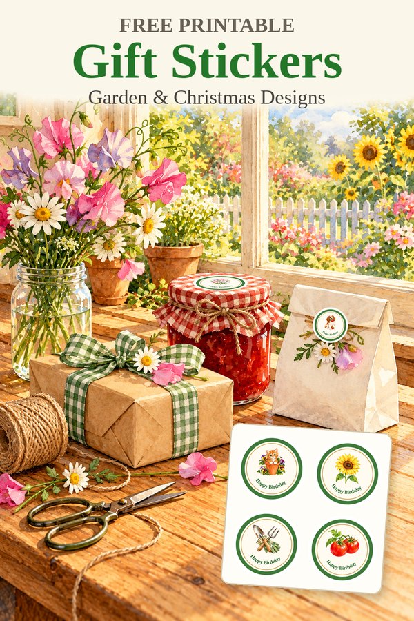 Free printable gift stickers: watercolor of a sunny potting bench with a kraft paper gift tied with green gingham ribbon, a jar of strawberry jam and a gift bag sealed with round garden stickers, and a card of round Happy Birthday stickers