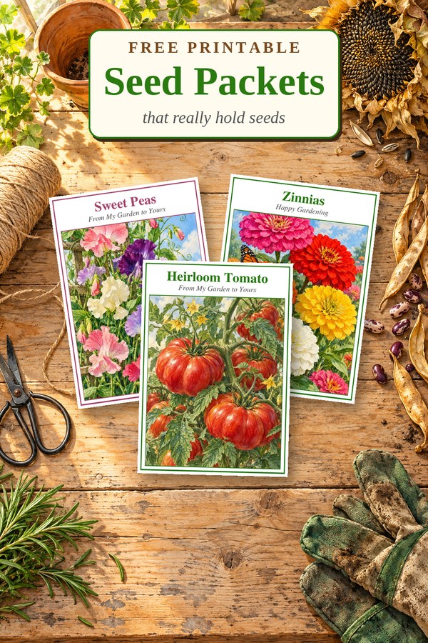 Free printable seed packets for sweet peas, zinnias, and heirloom tomatoes on a rustic potting bench with jute twine, scissors, and saved seeds