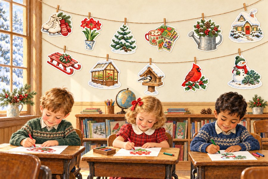 Free Printable Winter Garland: Winter Garden Garland to Print or Color