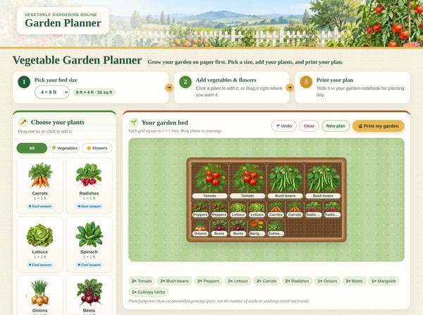 Free online vegetable garden planner showing a 4x8 raised bed planted with tomatoes, bush beans, peppers, lettuce, carrots, radishes, onions, and beets