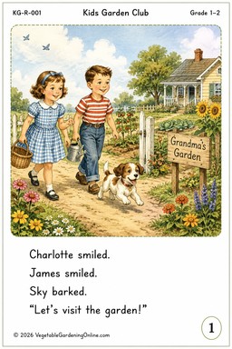 Charlotte and James walk with their puppy Sky toward Grandma's vegetable garden