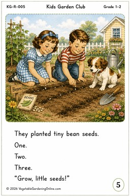 Charlotte and James kneel in the garden planting bean seeds