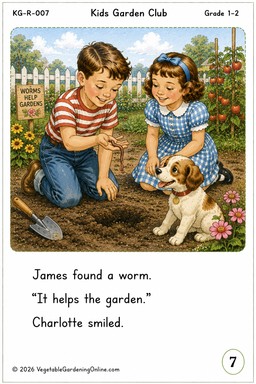 James holds a worm while Charlotte and Sky look on in the garden