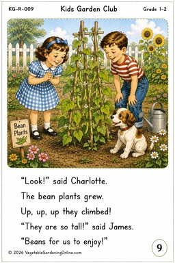 Charlotte and James admire their tall, climbing bean plants"