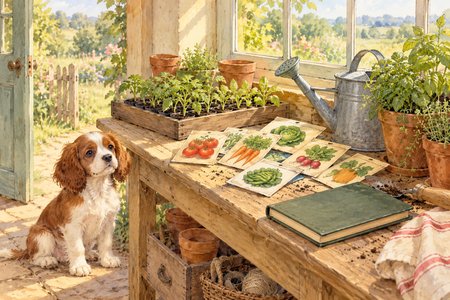 Potting bench with seedlings and seed packets