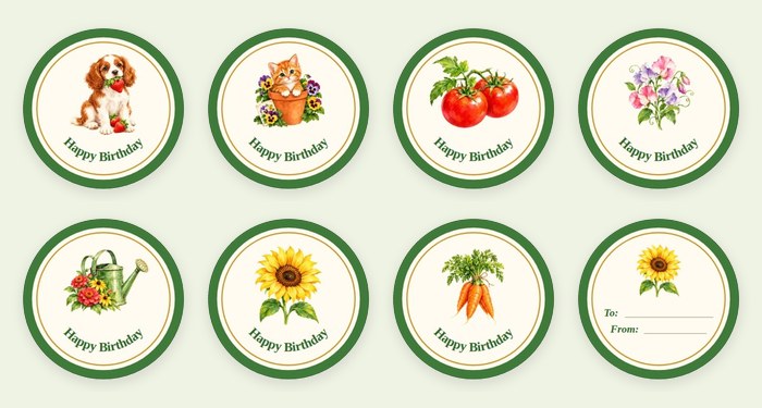 Eight round watercolor gift stickers with a green border: a puppy with strawberries, a kitten in a flowerpot with pansies, ripe tomatoes, sweet peas, a watering can with flowers, a sunflower, and carrots, each saying Happy Birthday, plus a sunflower To and From gift tag