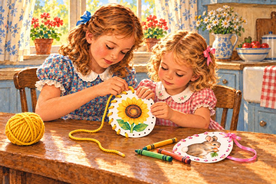 An older sister carefully helping her little sister lace a sunflower lacing card with yellow yarn at a kitchen table, with a bunny lacing card laced in pink ribbon and crayons