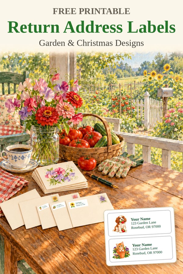 Free printable return address labels: watercolor of a summer porch table with stamped envelopes, garden return address labels, flowers, and a basket of tomatoes