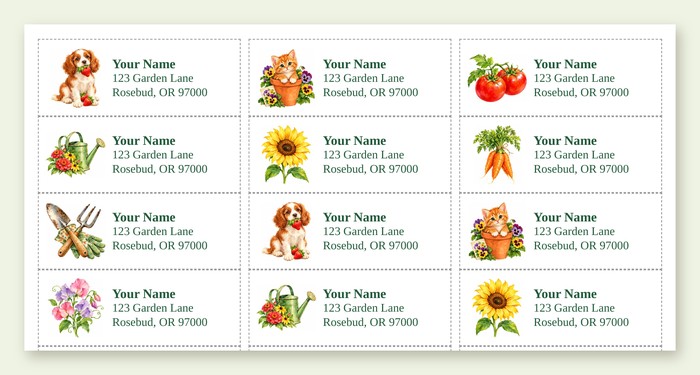 Free printable return address labels with watercolor garden pictures: a spaniel puppy with strawberries, a kitten in a flower pot, tomatoes, a watering can, a sunflower, carrots, and garden tools