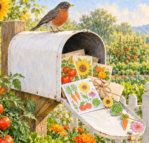 A white garden mailbox with an American robin on top and its door open, spilling seed packets and garden printables