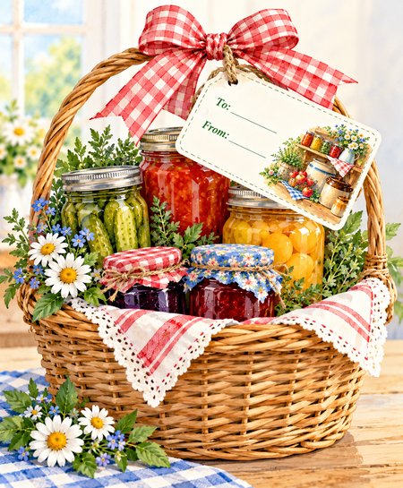 Free printable gift tag tied to a basket of home canned jam, pickles, and peaches