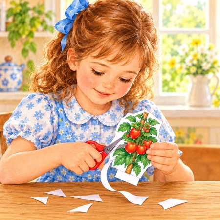 Little girl in a blue flowered dress cutting out a paper tomato plant with red child-safe scissors for her paper garden craft