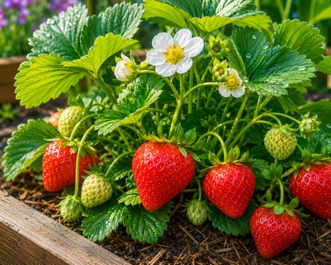 growing strawberry plant in the garden