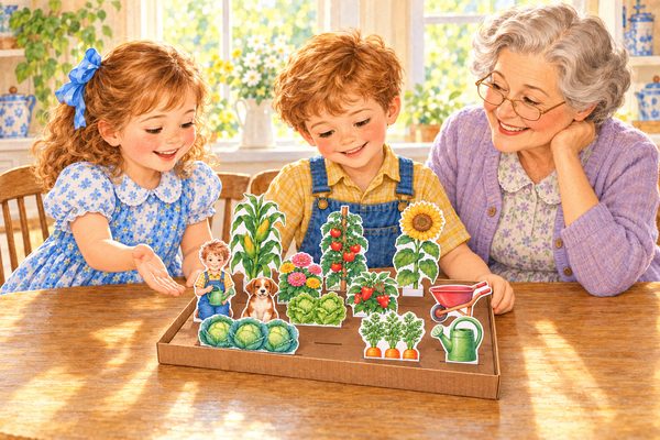 Grandmother smiling as two children plant paper corn, tomatoes, a sunflower, cabbage, carrots, and a puppy in their paper garden on the kitchen table