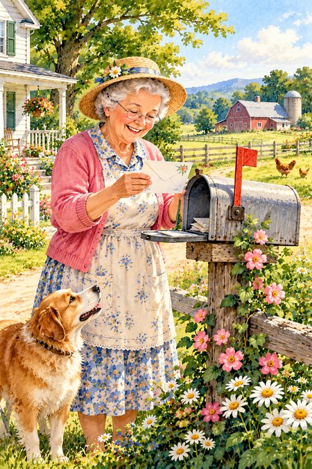 Grandmother reading a letter at her mailbox