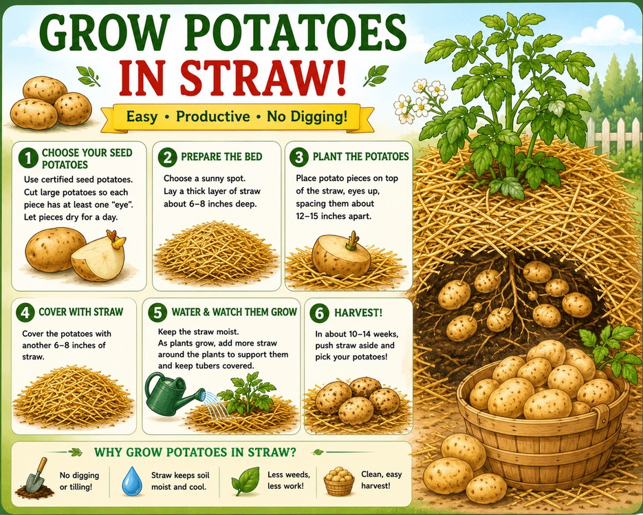 graphic of how to grow potatoes in straw