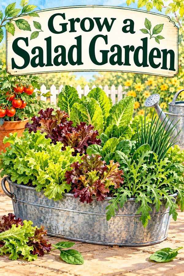 Grow a salad garden: lettuce, spinach, chives, and baby greens growing together in a galvanized tub on a sunny patio