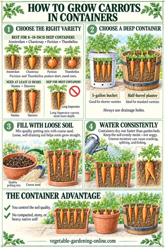 Graphic illustrating how to grow carrots in containers