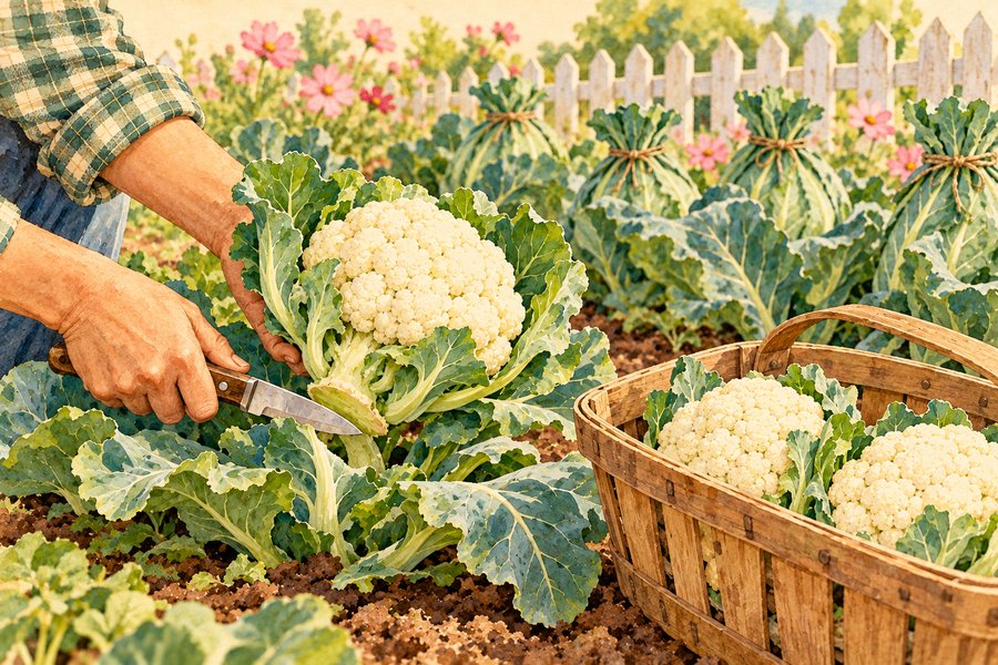 Watercolor of a gardener cutting a firm, snowy-white cauliflower head from its plant with a knife, beside a wooden harvest basket holding two more heads, with a row of cauliflower plants tied up with twine in front of a white picket fence